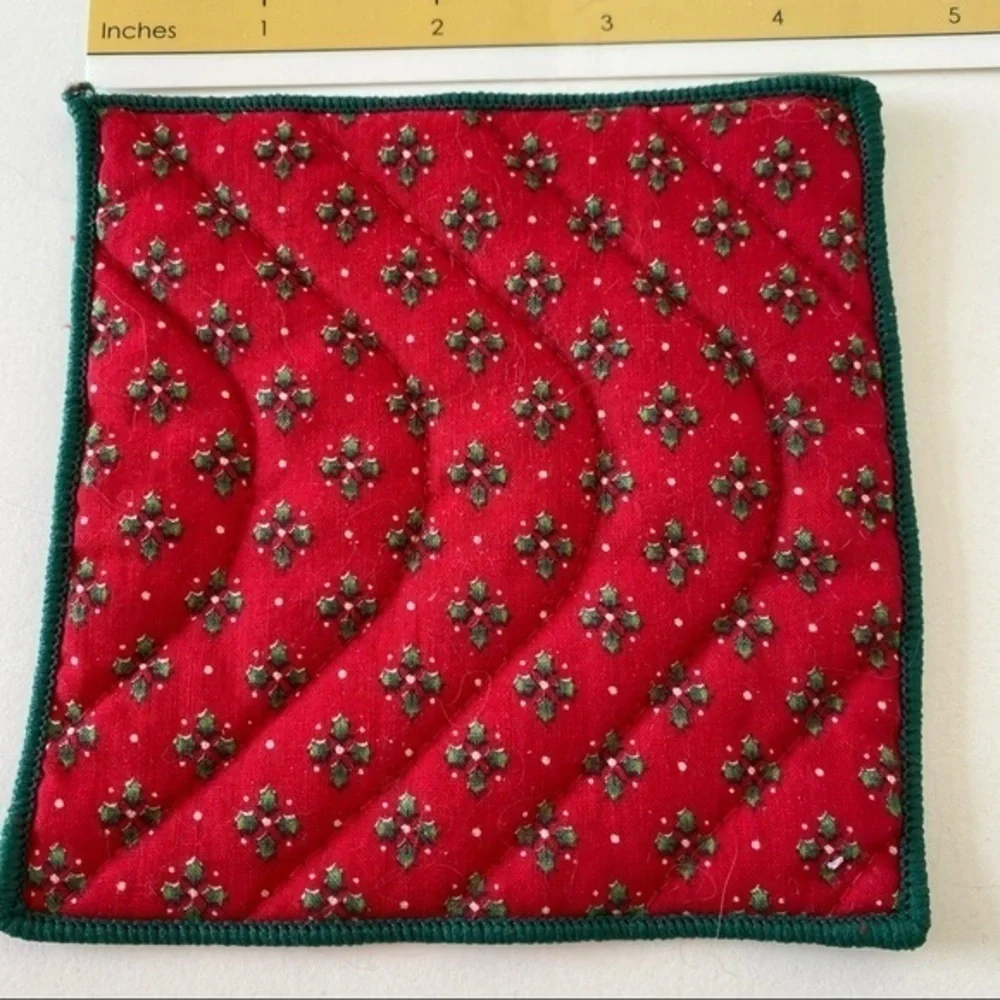 Crate&Barrel red green cotton holiday farmhouse quilted coaster 11 pieces